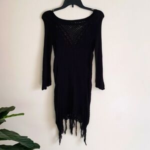 Crochet knit swimsuit cover up, black, fringe, long sleeve scoop neck, open knit